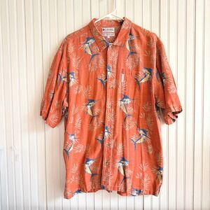 Columbia Mens Marlin Tropical Print Button-down Short Sleeve Shirt Orange Large
